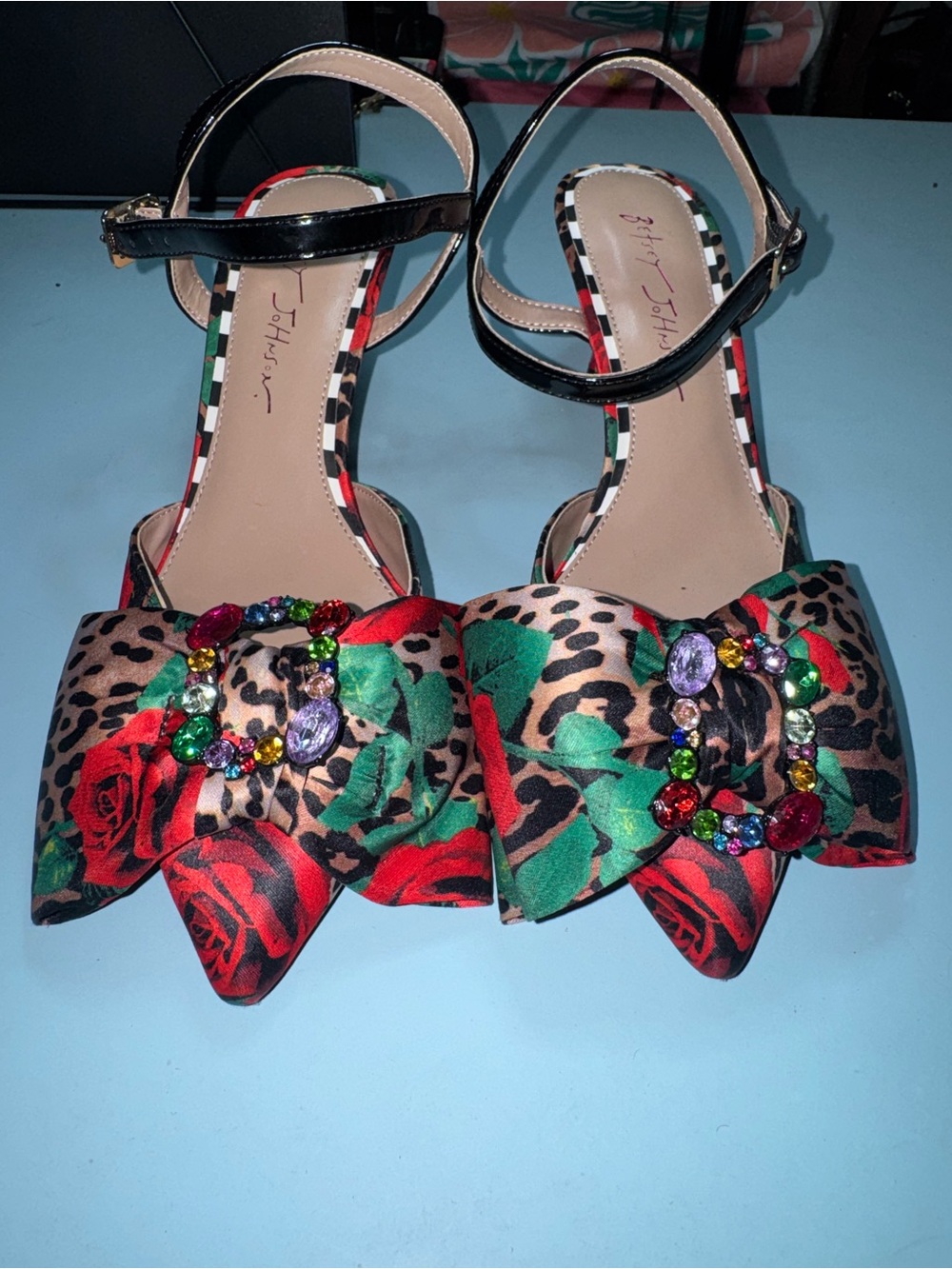 Betsey Johnson Floral Leopard Bow Sandals in Red, Green & Black